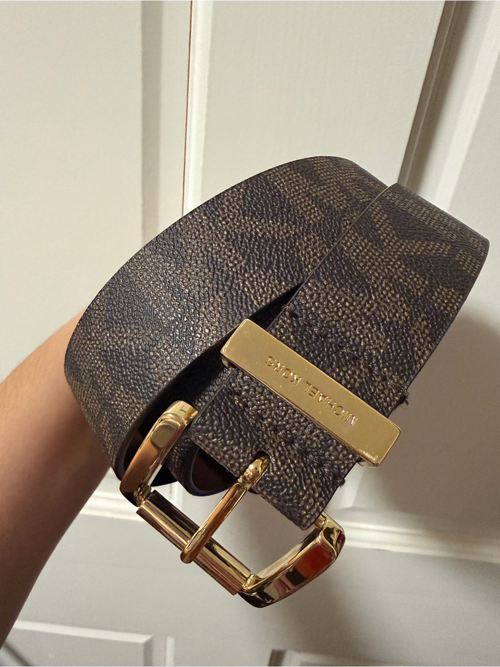 Michael Kors Brown Logo-Print Leather Belt with Gold Hardware